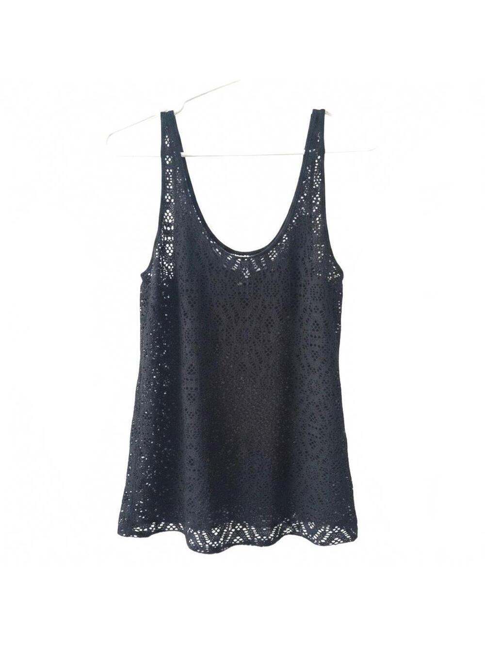 Lola & Sophie Floral Embroidered Sheer Swim Coverup Tank Top Black Size Small